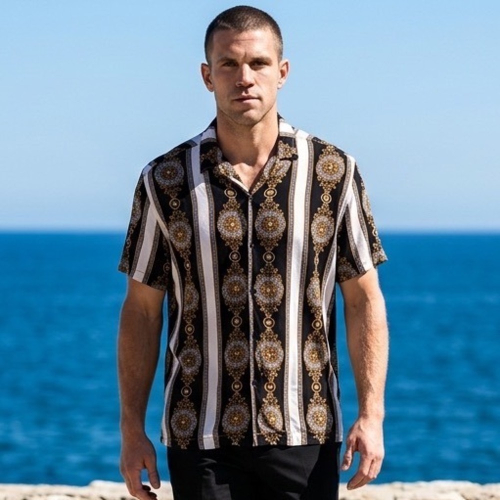 Level Ten Couture Mens XL Baroque Medallion Stripe Short Sleeve Button Down